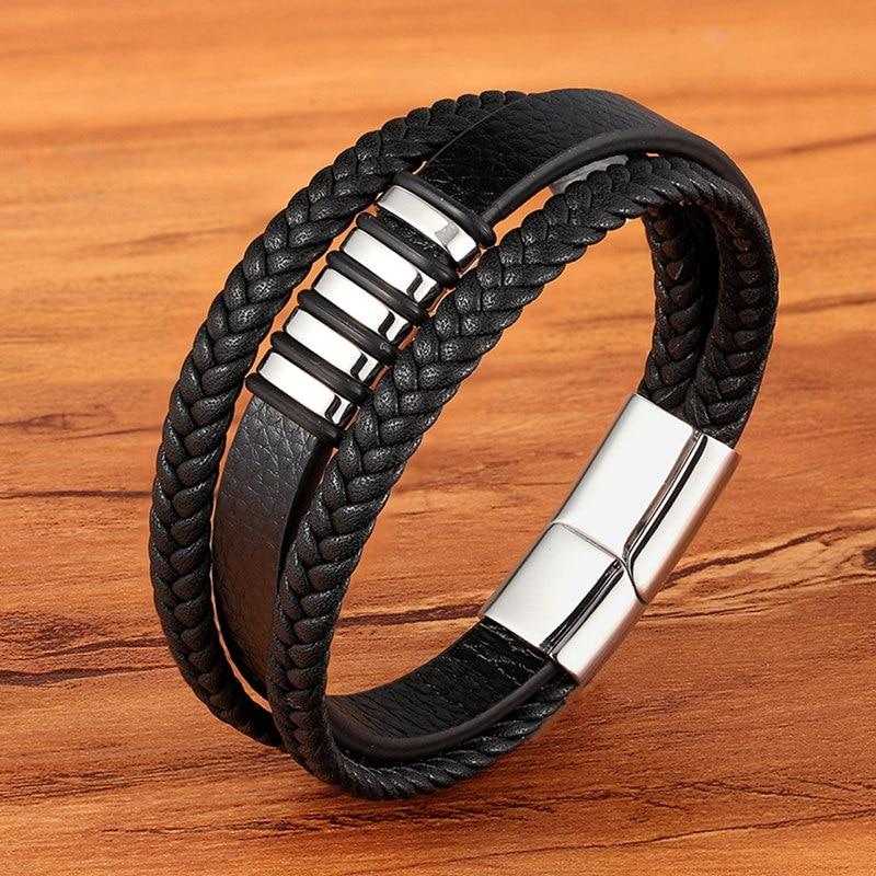 Aero Men's Leather Bracelet | Adjustable Black Leather with Stainless Steel Clasp 2
