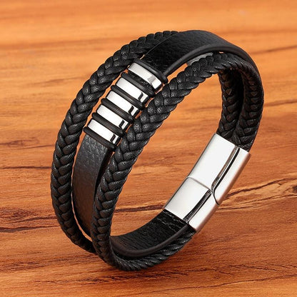 Aero Men's Leather Bracelet | Adjustable Black Leather with Stainless Steel Clasp 2