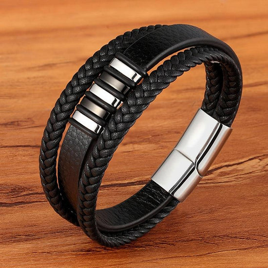 Aero Men's Leather Bracelet | Adjustable Black Leather with Stainless Steel Clasp 4