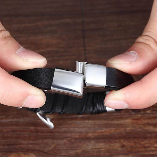 Aero Men's Leather Bracelet | Adjustable Black Leather with Stainless Steel Clasp 5