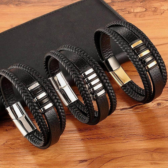 Aero Men's Leather Bracelet | Adjustable Black Leather with Stainless Steel Clasp 6