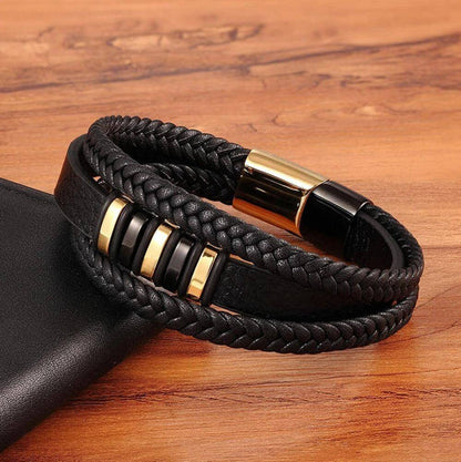 Aero Men's Leather Bracelet | Adjustable Black Leather with Stainless Steel Clasp 7