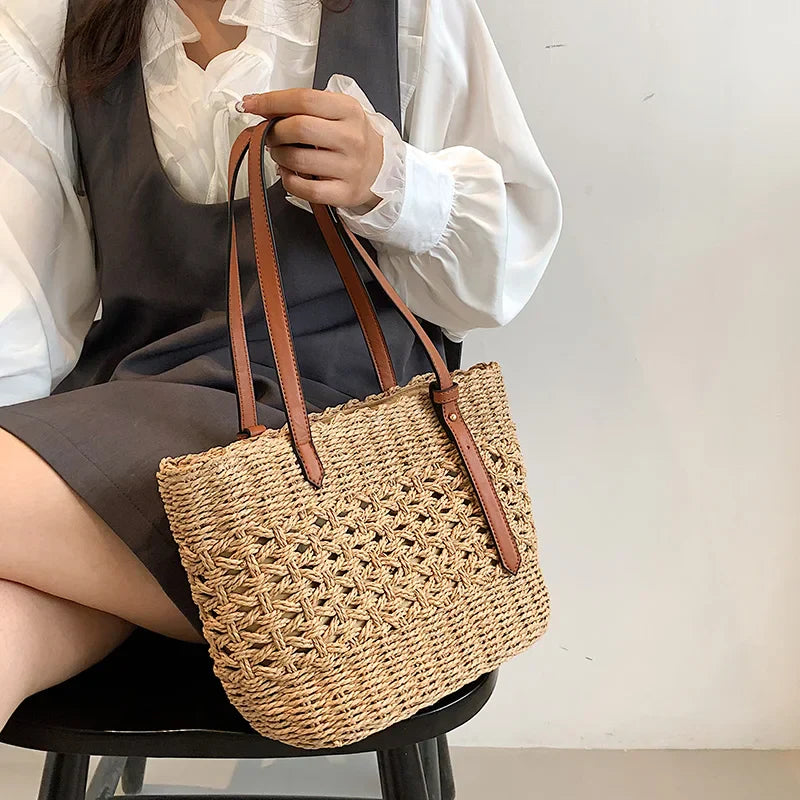Blythe Shoulder Tote Bag | Handmade Woven Straw, Adjustable Strap 4