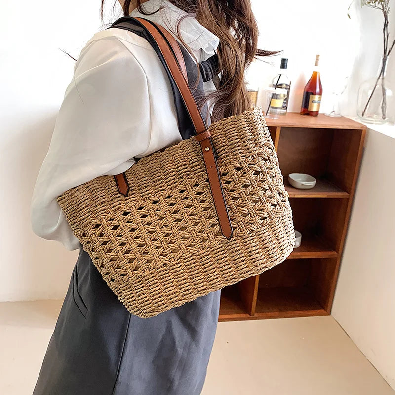 Blythe Shoulder Tote Bag | Handmade Woven Straw, Adjustable Strap 5