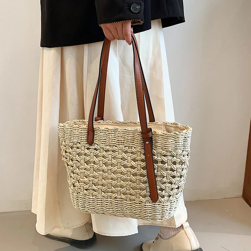 Blythe Shoulder Tote Bag | Handmade Woven Straw, Adjustable Strap 6