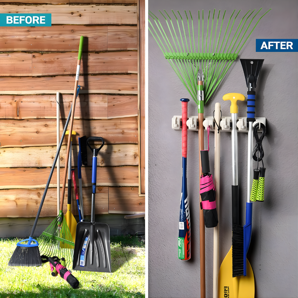 Brivo Wall Mounted Organizer | Broom and Tool Storage with Hooks 1
