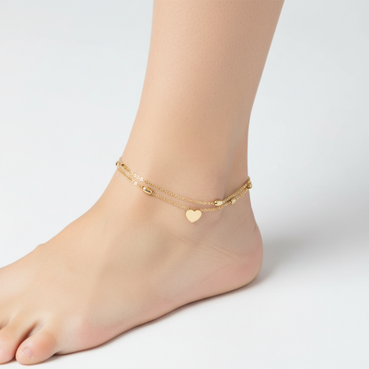 Dalia Double Chain Anklet | Sterling Silver Heart Charm, Adjustable 1
