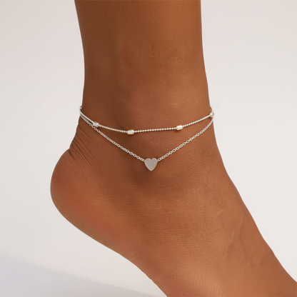 Dalia Double Chain Anklet | Sterling Silver Heart Charm, Adjustable 3