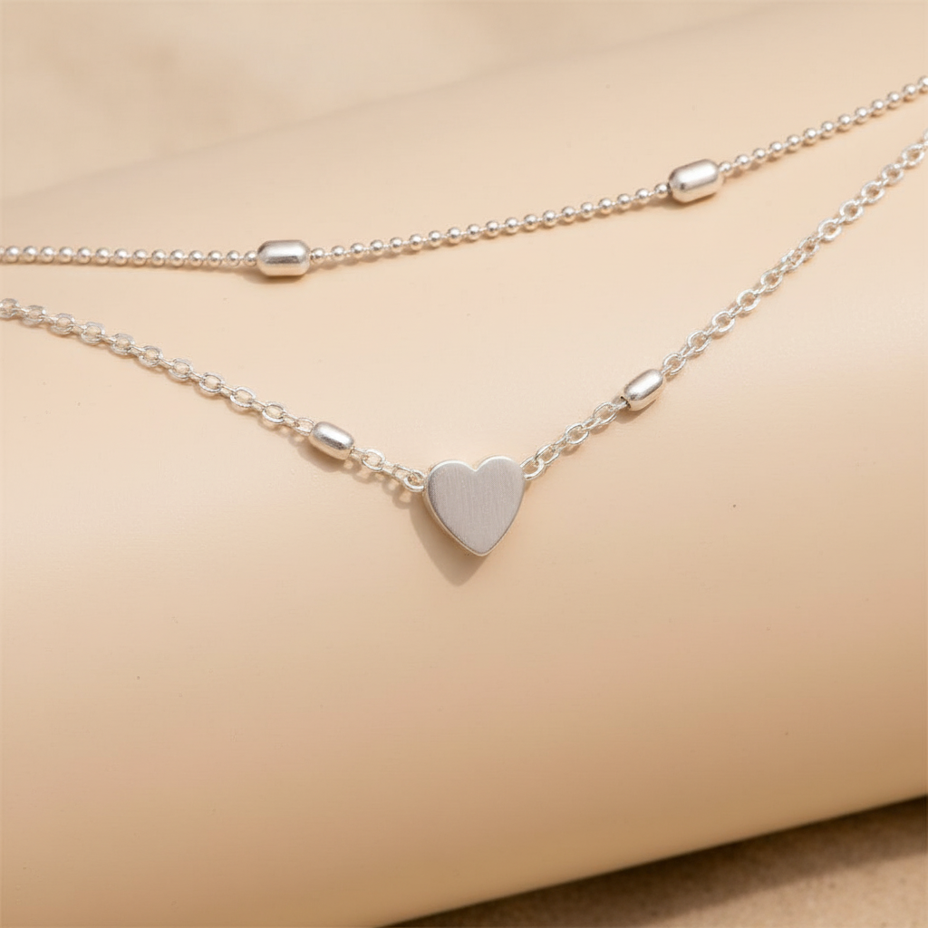 Dalia Double Chain Anklet | Sterling Silver Heart Charm, Adjustable 4