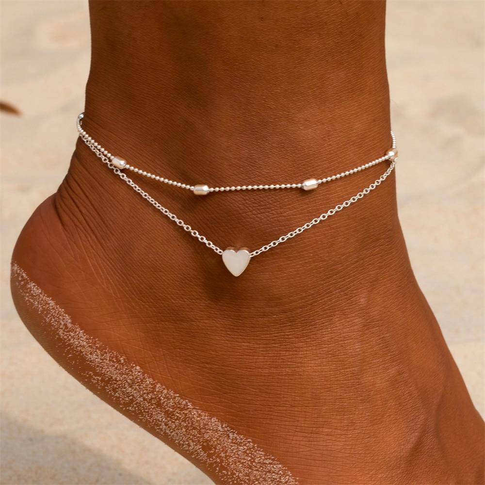 Dalia Double Chain Anklet | Sterling Silver Heart Charm, Adjustable 5