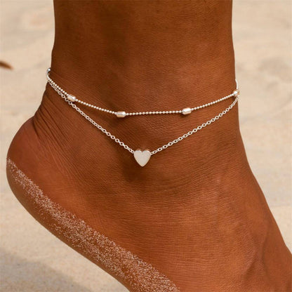 Dalia Double Chain Anklet | Sterling Silver Heart Charm, Adjustable 5